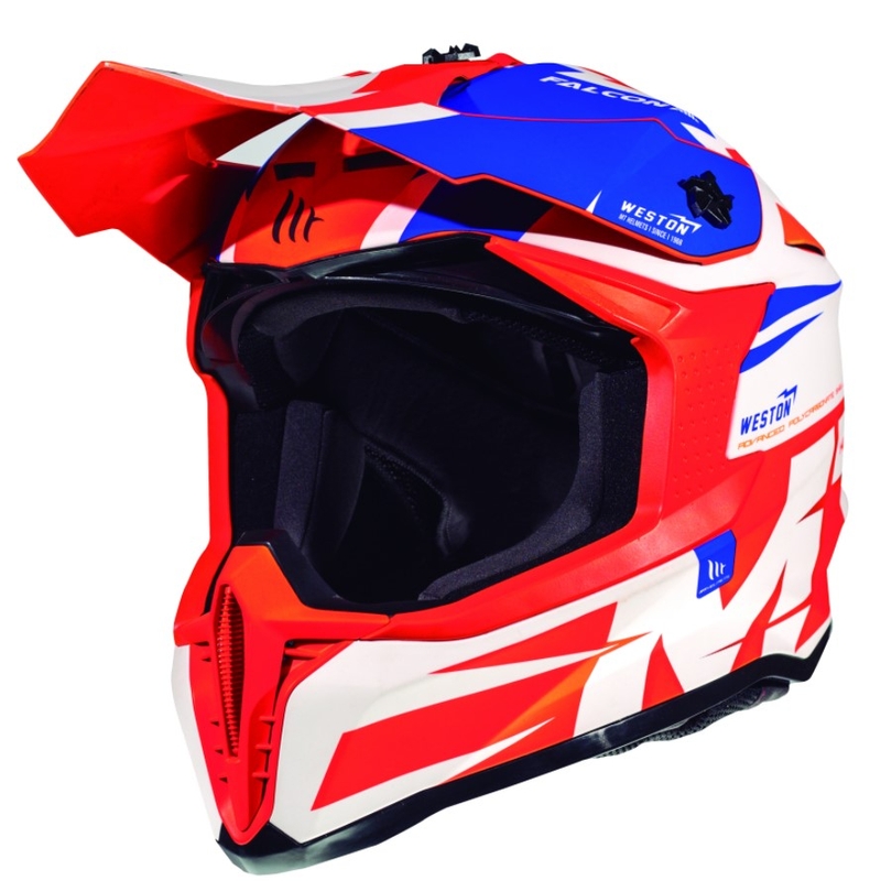 Motokrosová přilba MT Falcon Weston bílo-modrá-fluo oranžová