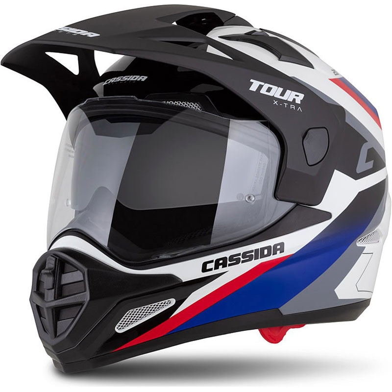 Enduro přilba Cassida Tour 2.0 X-tra bílo-modro-červeno-černá s černým matným kšiltem