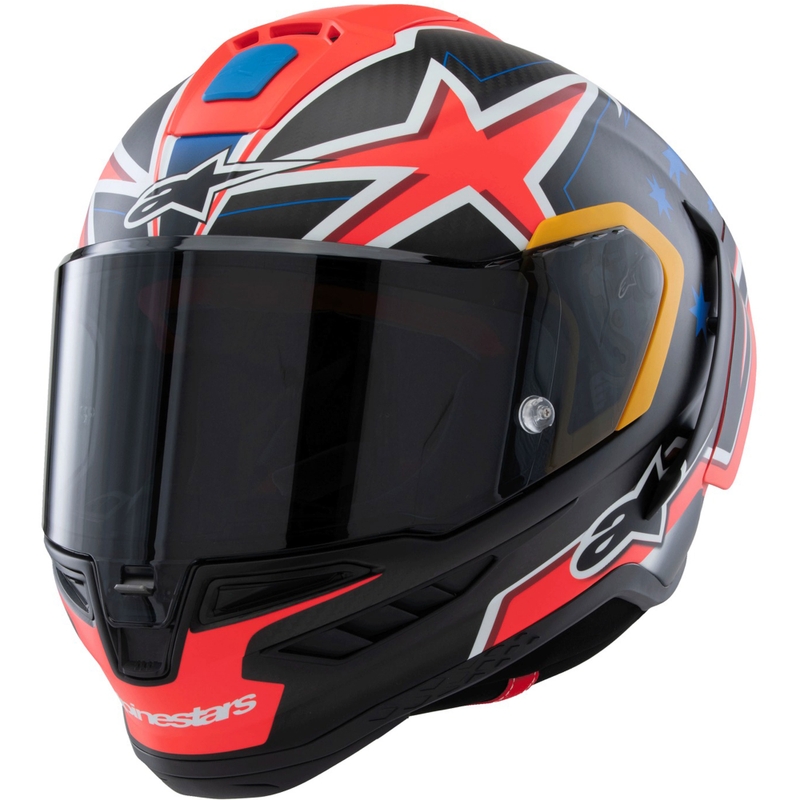 Integrální helma na motorku Alpinestars Supertech R10 limitovaná edice Jack Miller matná karbon červeno-modro-žluto-bílá