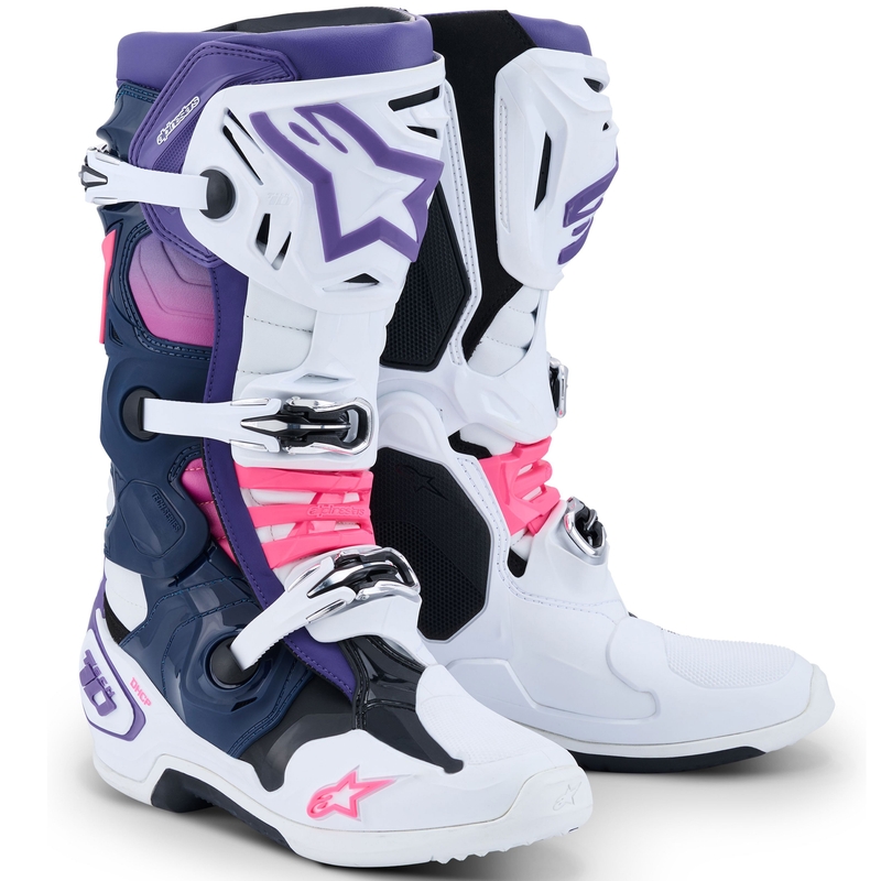 Boty na motorku Alpinestars Tech 10 bílo-fialovo-modro-fluo růžové