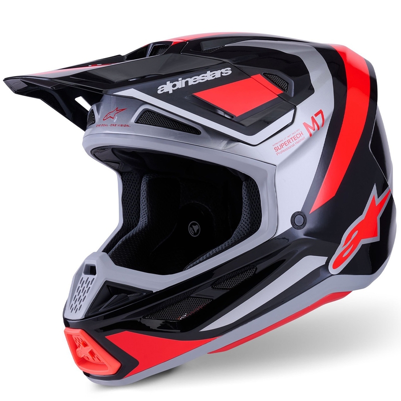 Motokrosová helma Alpinestars SM7 Rise černo-stříbrno-fluo červená