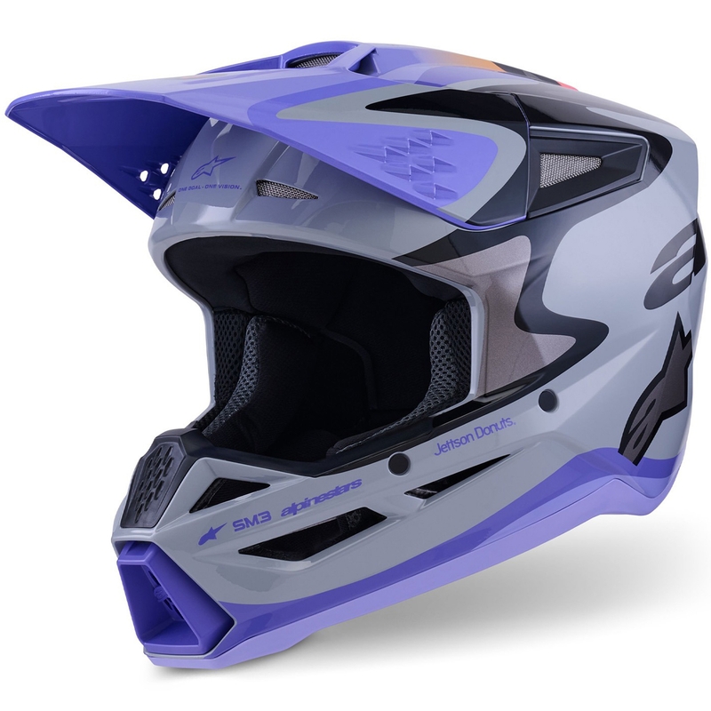 Motokrosová helma Alpinestars S-M3 edice JETT LAWRENCE šedo-fialovo-černá