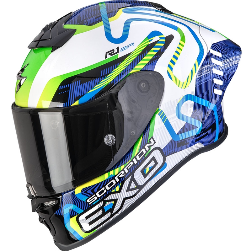 Integrální helma na motorku Scorpion EXO-R1 EVO II Air Cornering bílo-modro-zelená