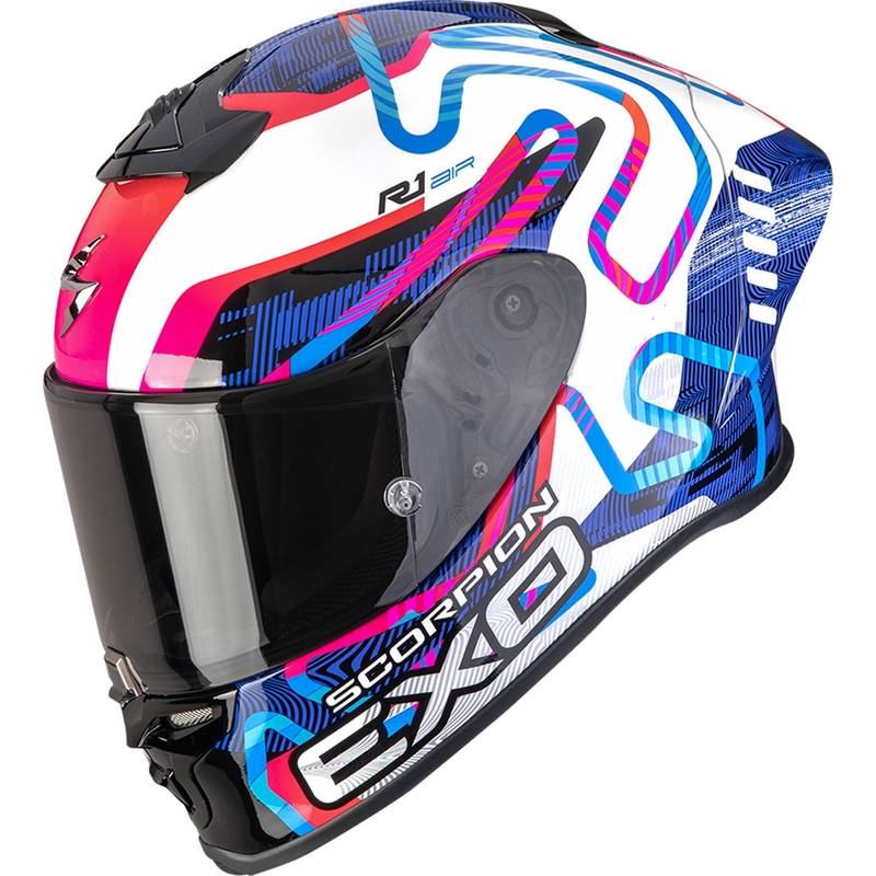 Integrální helma na motorku Scorpion EXO-R1 EVO II Air Cornering bílo-modro-růžová