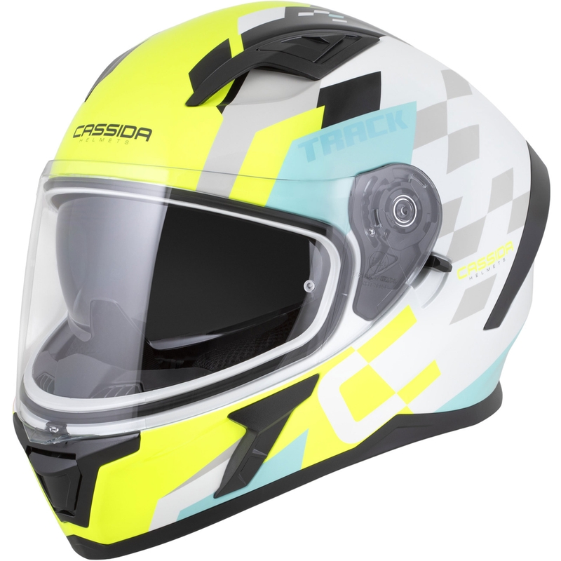Integrální helma na motorku Cassida Orbit Track bílo-fluo žluto-tyrkysovo-černá