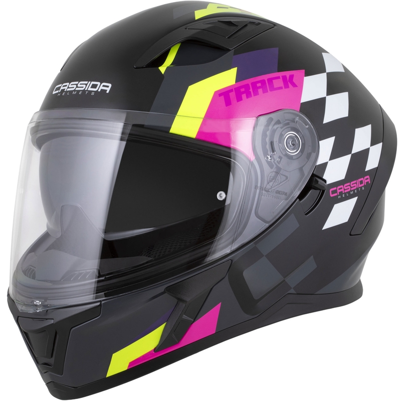 Integrální helma na motorku Cassida Orbit Track černo-růžovo-fialovo-fluo žluto-bílá