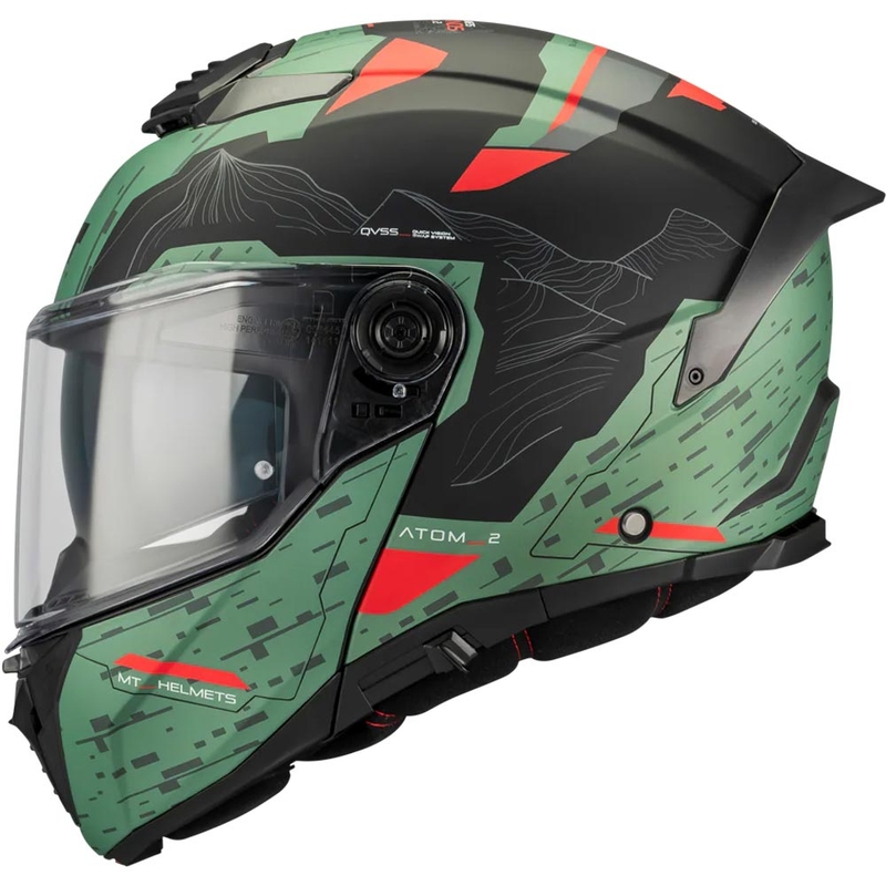 Výklopná helma na motorku MT Atom 2 SV Highlands C6 matná zeleno-černo-červená