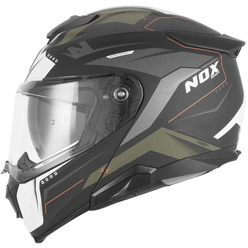 Výklopná helma na motorku NOX N967 Conquer matná černo-khaki-oranžová