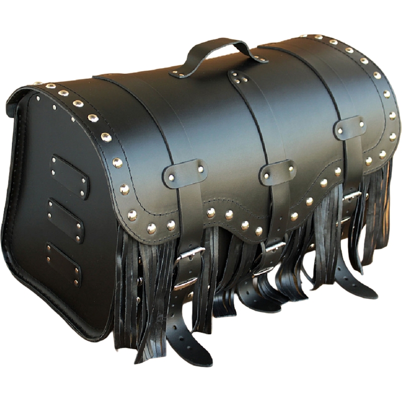 Kožený kufr na motorku se zámkem, nýty a třásněmi RSA K155 černý