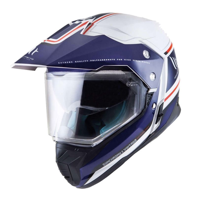 Kask enduro MT Synchrony Duosport SV Tourer biało-niebiesko-czerwony výprodej