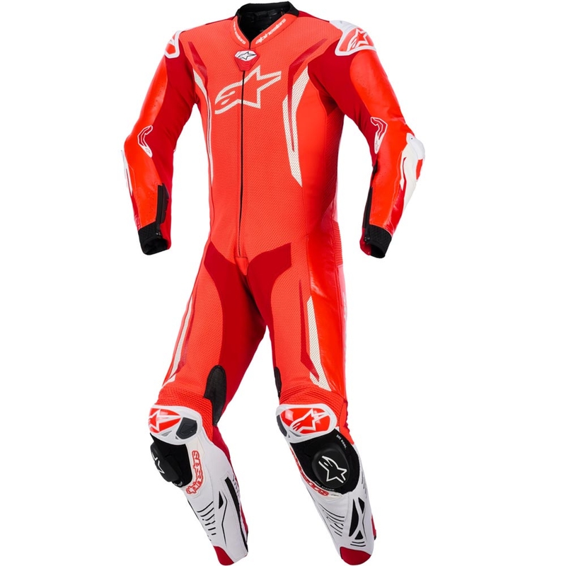 Jednodílná kožená kombinéza na motorku Alpinestars GP TECH V5 fluo červeno-červeno-bílá
