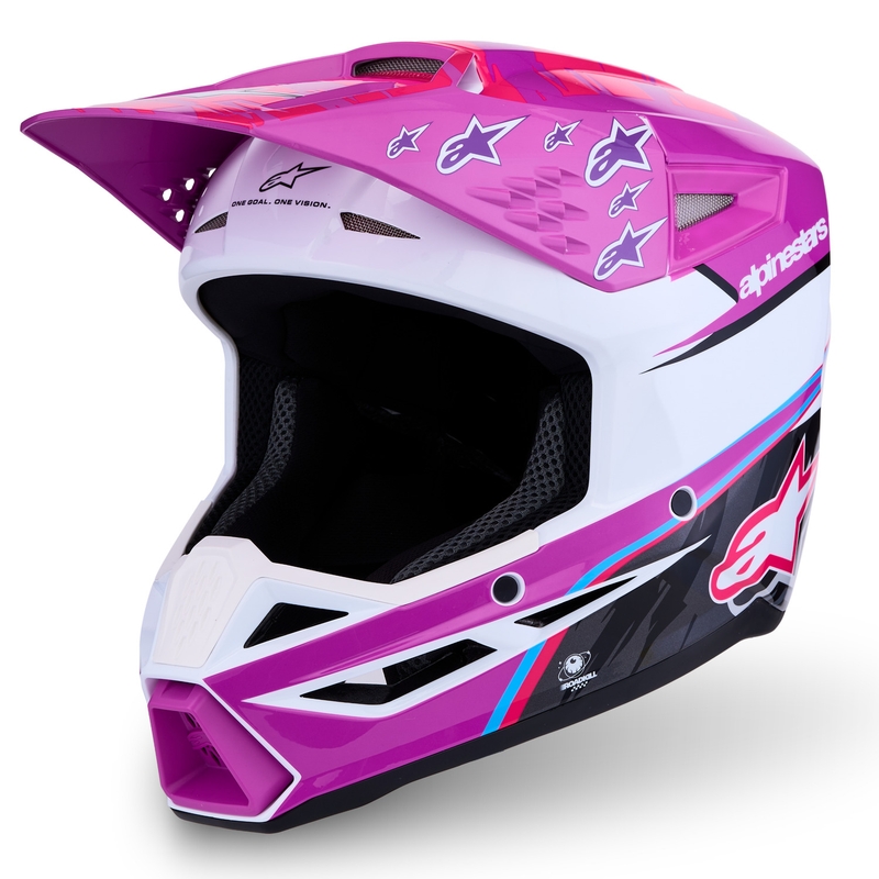 Dětská motokrosová helma na motorku Alpinestars S-M3 Falcon fialovo-bílo-černá