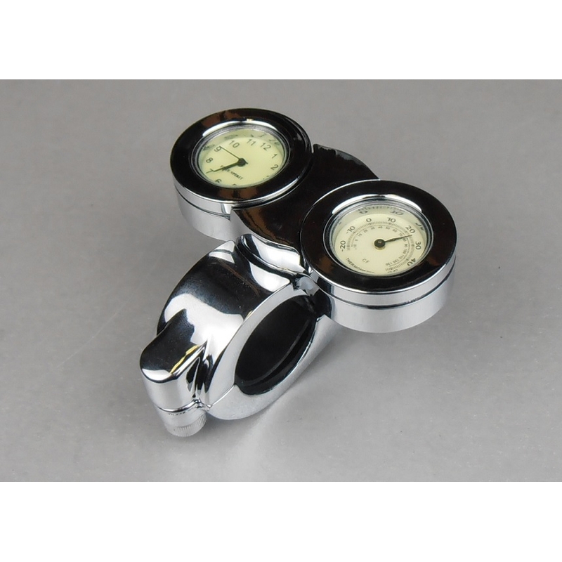 Analogové hodiny na motorku s teploměrem - chromované